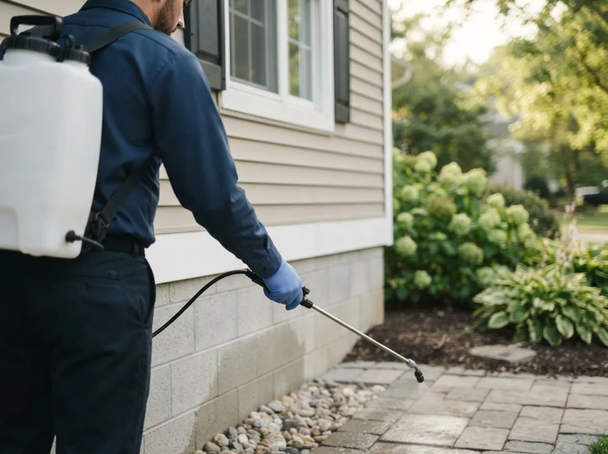 Pest control technician inspecting a home in Oneida, AR